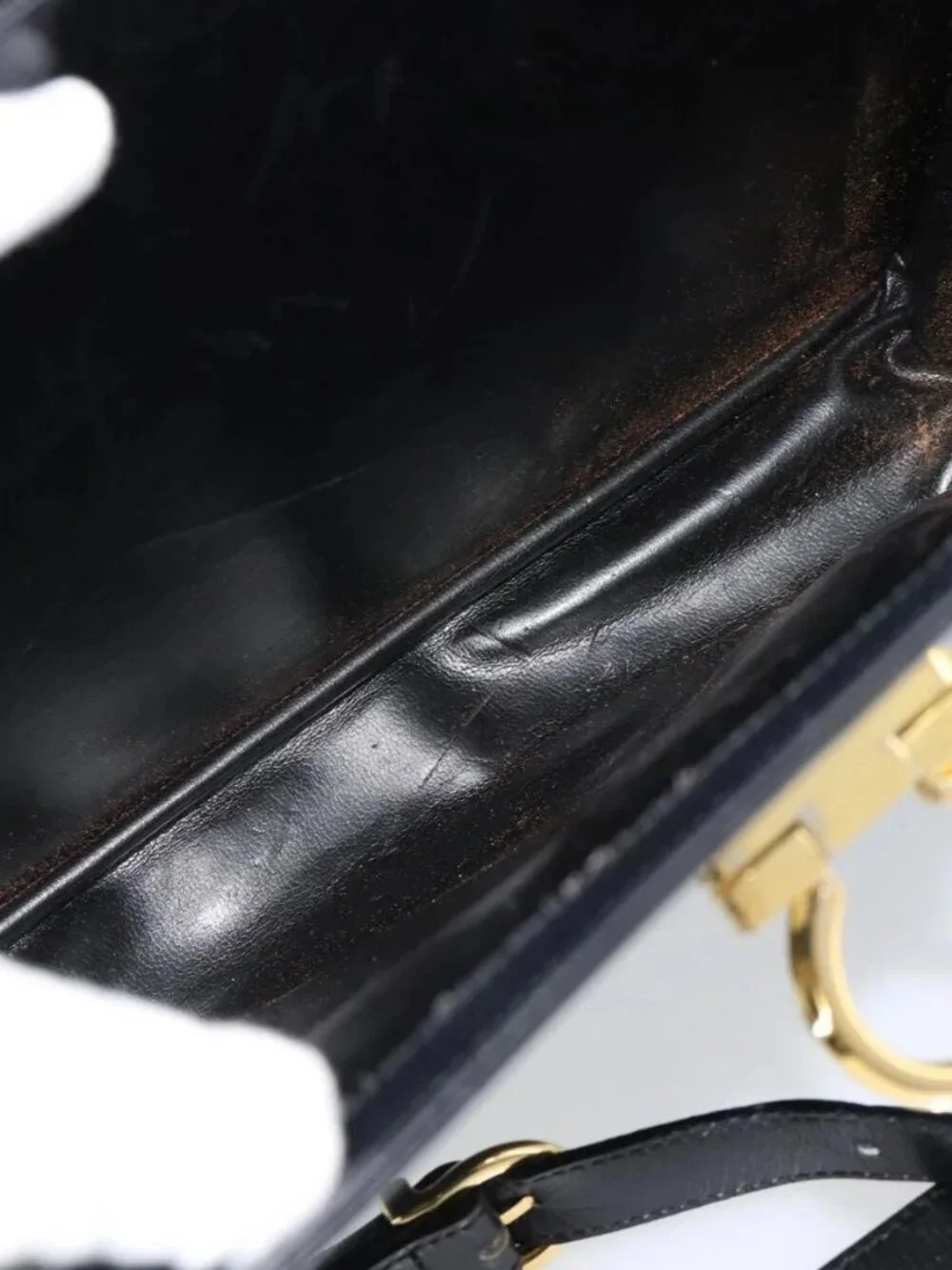 Salvatore Ferragamo Gancini Hand Bag Leather 2way Black Gold Auth 186374
